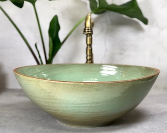 Green oval bathroom Vessel Sink, Ceramic Handmade Pottery Wash Basin, Narrow countertop Bowl Sink.