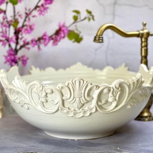 White ceramic vessel sink, Pottery hand made,  vintage look unique table  top wash basin.