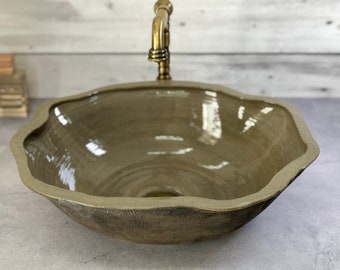 Handcrafted Stone-Inspired Sink in Shades of Grey and Black. Stoneware table  top wash basin.