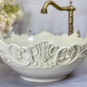 White ceramic vessel sink, Pottery hand made,  vintage look table  top wash basin.