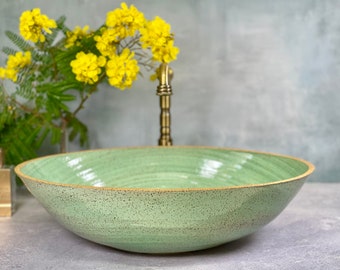 Lavabo ovale en poterie | Lavabo elliptique fait main en céramique, vert clair doux.