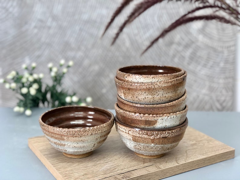 Set of 6 Small Rustic Pottery Salad Bowls image 1