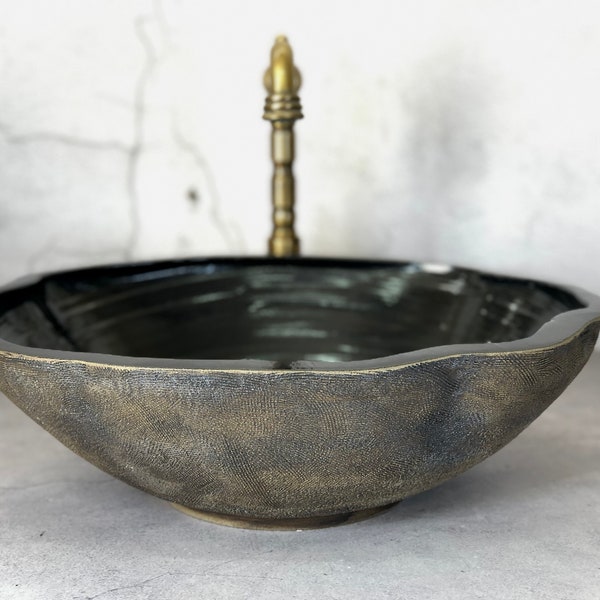 Handcrafted Stone-Inspired Sink in Shades of Grey and Black. Stoneware table  top wash basin.