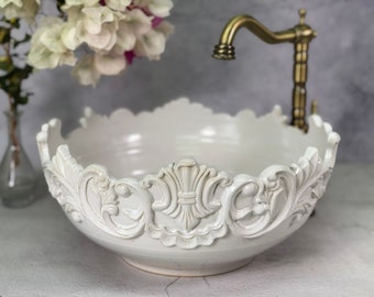 White ceramic vessel sink, Pottery hand made, Ready to ship, vintage look table  top wash basin.