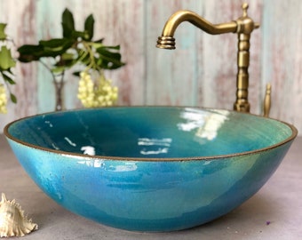 Turquoise oval bathroom Vessel Sink, Ceramic Handmade Pottery Wash Basin, Narrow countertop Bowl Sink.