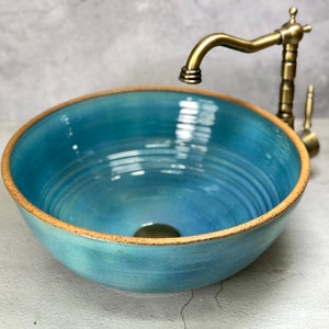 Ceramic vessel sink, Pottery hand made, dreamy turquois  table  top wash basin.