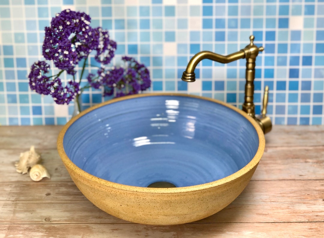 Ceramic Light Blue Vessel Sink, Pottery Hand Made, Rustic Pottery Table