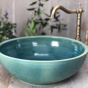 Ceramic vessel sink, Pottery hand made, Bright green  table  top wash basin.