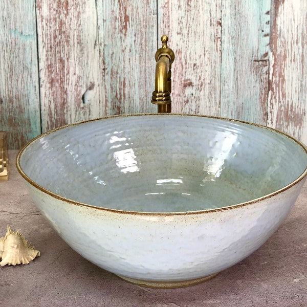 Ceramic vessel sink, Pottery hand made, oval Light Blue,  table top wash basin.