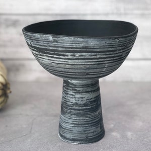 Handmade Ceramic Stripe White on Black Pedestal Bowl - Dishwasher Safe - Gift for Mom