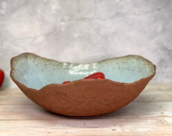 large rustic light  blue and Brown fruit bowl. ceramic basket, natural center piece.