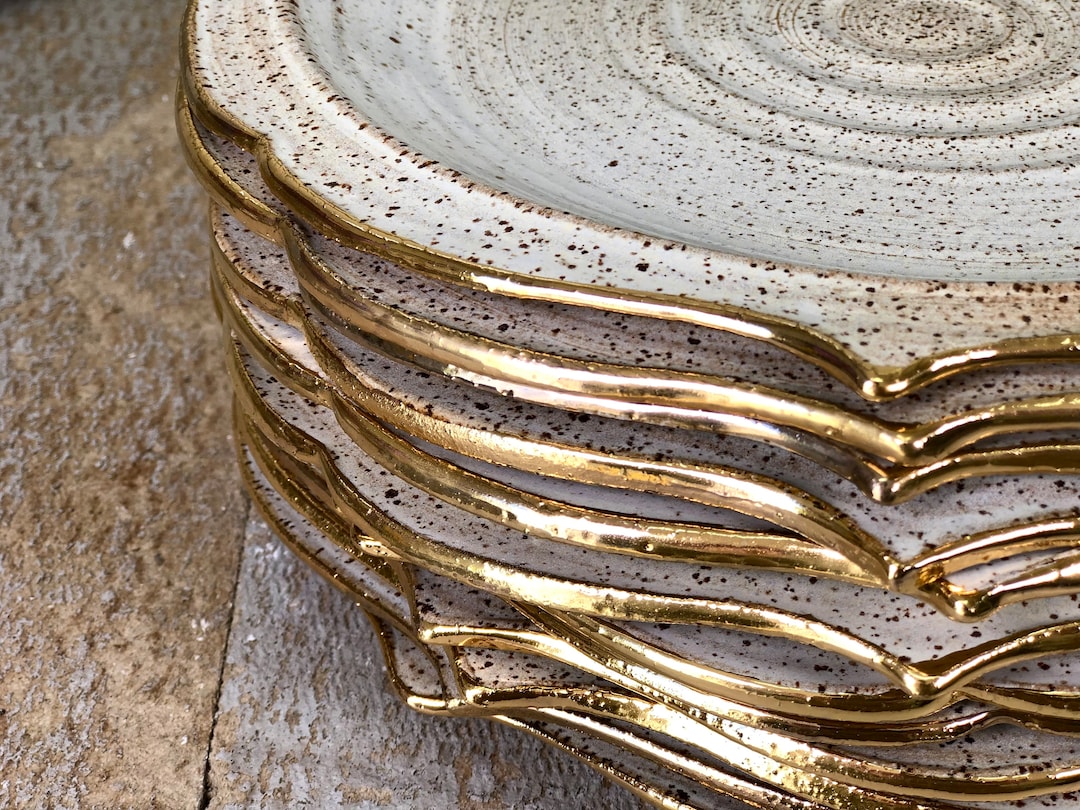 Dinnerware 6 Plates Set, Rustic White and Gold. Etsy