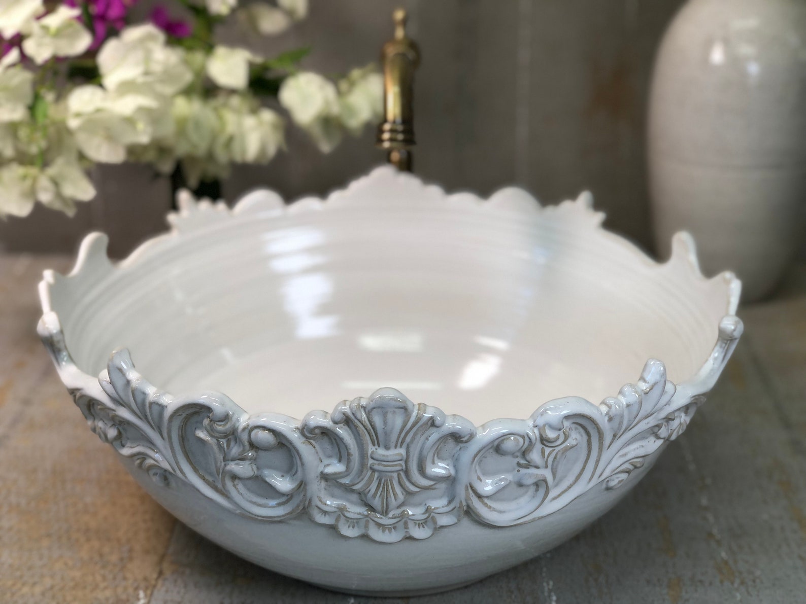 White Oval Ceramic Vessel Sink Pottery Hand Made Vintage Etsy