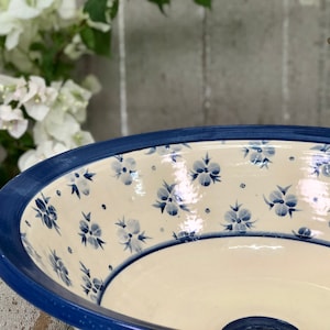 Ceramic vessel sink, Pottery and hand painted,  blue and white, table  top wash basin.