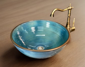 Turquoise Bathroom Vessel Sink, Ceramic Handmade Pottery Wash Basin, Bathroom Vanity with Single Sink, Countertop Bowl Sink