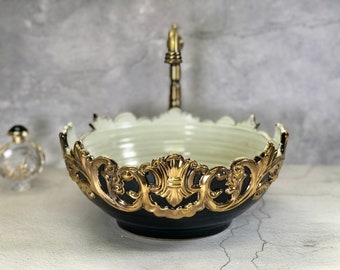 Luxurious Ceramic Sink with Gold Relief | Elegant Black  and White Bathroom Basin.