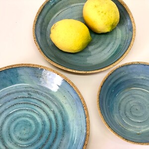 Set of 3 Blue Round Ceramic Serving Plates - Handmade Pottery Tableware