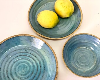 Set of 3 Blue Round Ceramic Serving Plates - Handmade Pottery Tableware