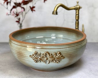 Ceramic vessel sink,  unique  Sky Blue and Terracotta  vanity top Sink with Decorative Embossing..