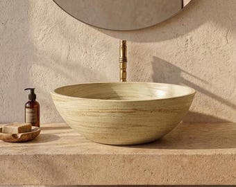 Handmade Oval Vessel Sink Natural Stone Look Beige Tabletop Ceramic Bathroom Vanity Sink