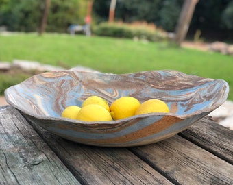 Large ceramic fruit bowl. decorative marbled centerpiece serving dish.