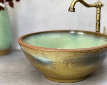 Ceramic vessel sink,  unique  Brown and green  vanity top sink. farmhouse washbasin.