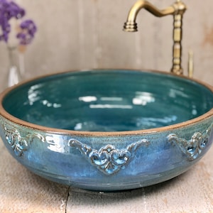 Ceramic vessel sink, Pottery hand made, dreamy turquois  table top wash basin.
