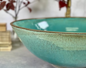 Handmade Turquoise Ceramic Oval Sink - Pottery Vessel Basin