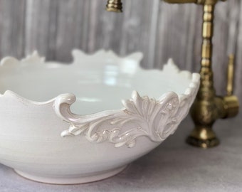 White ceramic vessel sink, Pottery hand made,  vintage look table  top wash basin.