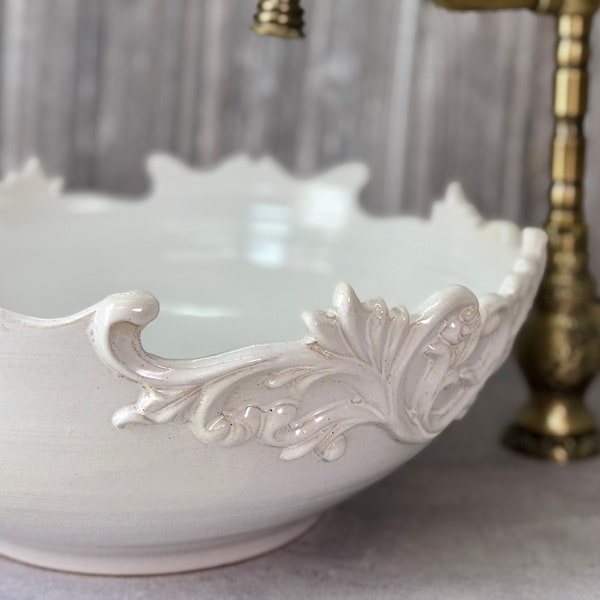White ceramic vessel sink, Pottery hand made,  vintage look table  top wash basin.