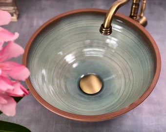 Ceramic vessel sink,    Brown and blue  green  vanity top sink. farmhouse washbasin.