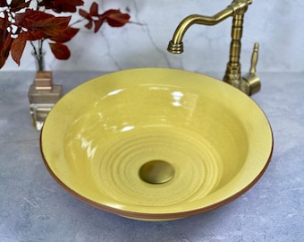 Handcrafted Mustard Yellow Ceramic Vessel Sink – Vintage-Style Bathroom Basin