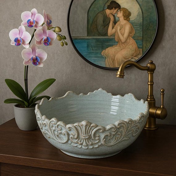 Handmade Light Blue Speckled Pottery Sink - Rustic Farmhouse Basin