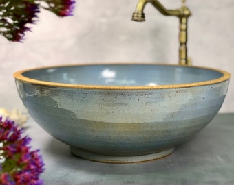 Ceramic blue vessel sink, Pottery hand made, Rustic  pottery table top wash basin.