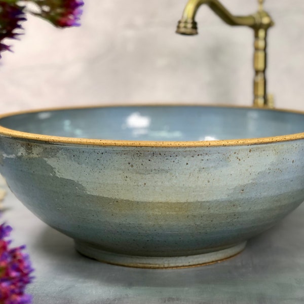 Ceramic blue vessel sink, Pottery hand made, Rustic  pottery table top wash basin.