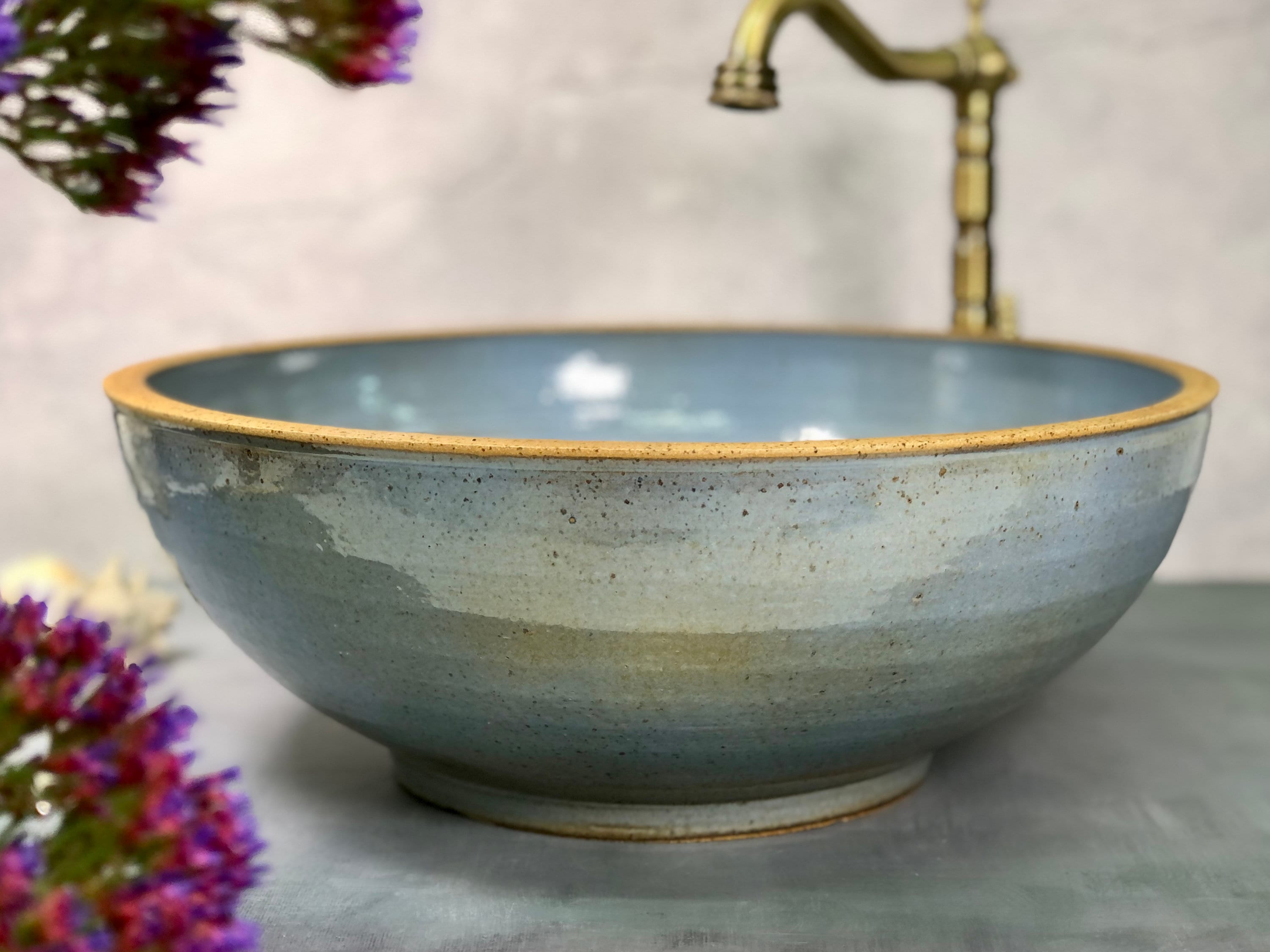 Ceramic blue vessel sink, Pottery hand made, Rustic pottery table top wash basin.
