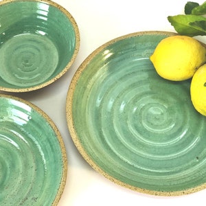 Set of 3 Green Round Ceramic Serving Dishes - Handcrafted Pottery Tableware