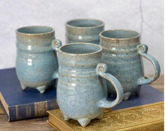Handmade Ceramic Mug Set of 4 - Blue Speckled Stoneware Coffee Cups
