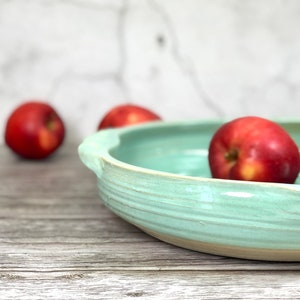 Large green fruit bowl, centerpiece serving dish, pottery handmade, vintage design.