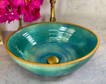 Handmade Turquoise Ceramic Sink -Rustic Oval Pottery Wash Basin