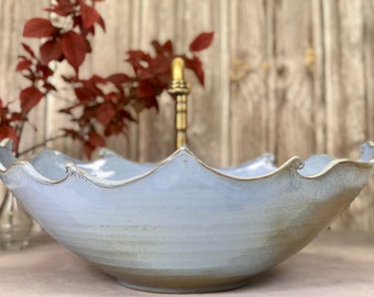 Unique Blue Oval Pottery vessel Sink | Handmade Ceramic Basin with Wave-Style Rim