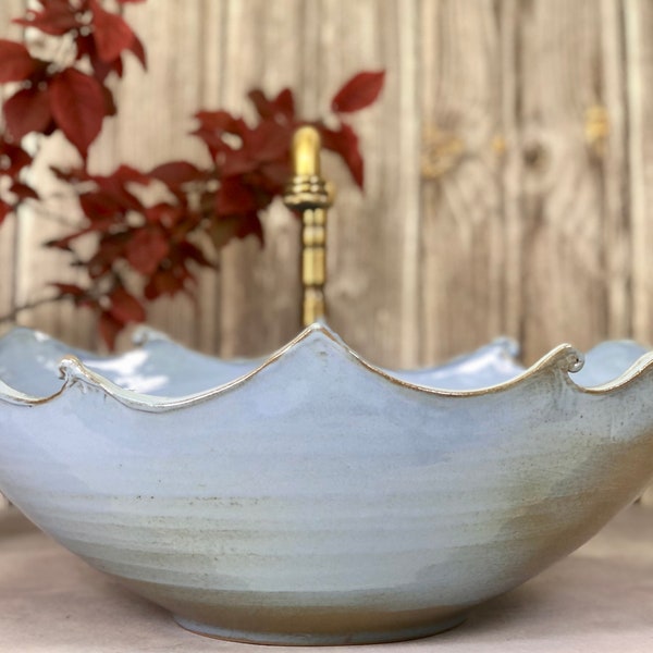 Unique Blue Oval Pottery vessel Sink | Handmade Ceramic Basin with Wave-Style Rim