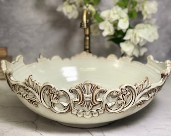 Unique large oval Sink. luxurious vessel vintage style design, decorated with reliefs.