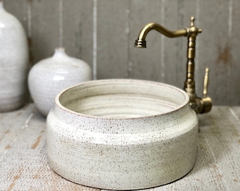 Ceramic vessel sink, Pottery hand made, white Nordic, table top wash basin.