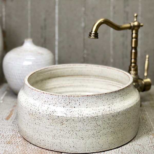 Ceramic vessel sink, Pottery hand made, white Nordic, table top wash basin.