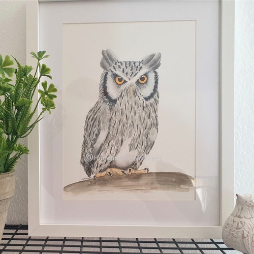 Owl painting, ORIGINAL bird art, woodland nursery art, owl gift for women, owl décor for shops home