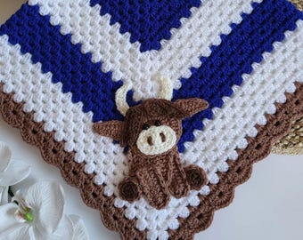 Crochet Baby Cow Blanket Handmade Gender Neutral Beige White Royal Blue Crocheted Blanket Animals Cow Applique Cow Baby Blanket Cow Blanket