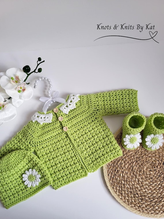 Fancy Hand Knitted Baby Clothes Crochet Baby Girl Set Lime White