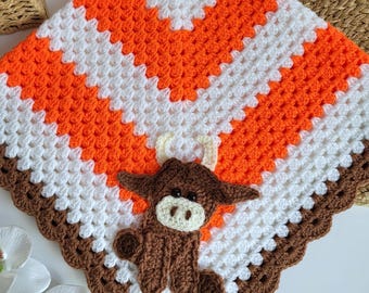 Crochet Baby Cow Blanket Handmade Orange White Brown Crocheted Cow Blanket Animals Cow Applique Cow Baby Blanket Cow Blanket