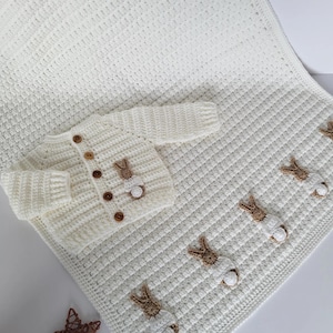 Crochet Baby Bunny Blanket  Cardigan Handmade Newborn Baby Gift Baby Shower Gift Crocheted Blanket Bunnies Applique Baby Bunny Peter Rabbit